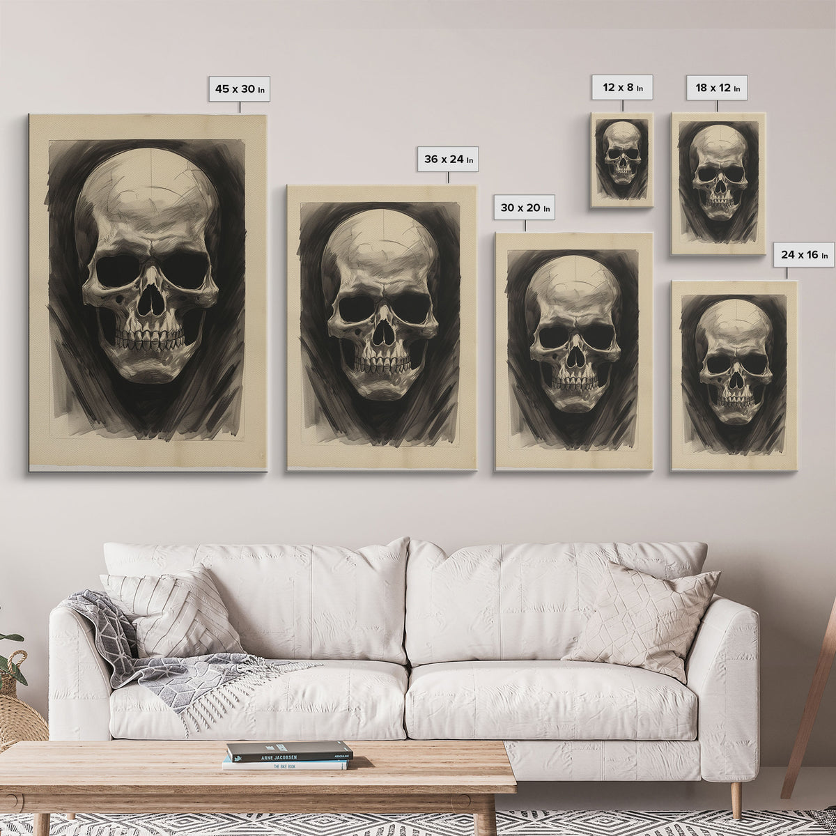 Charcoal Drawing, Human Skull, Gothic Art Print, Spooky Decor, Canvas Print, Wall Art, Vertical Art, Gaming Wall Decor, Office Wall Decor