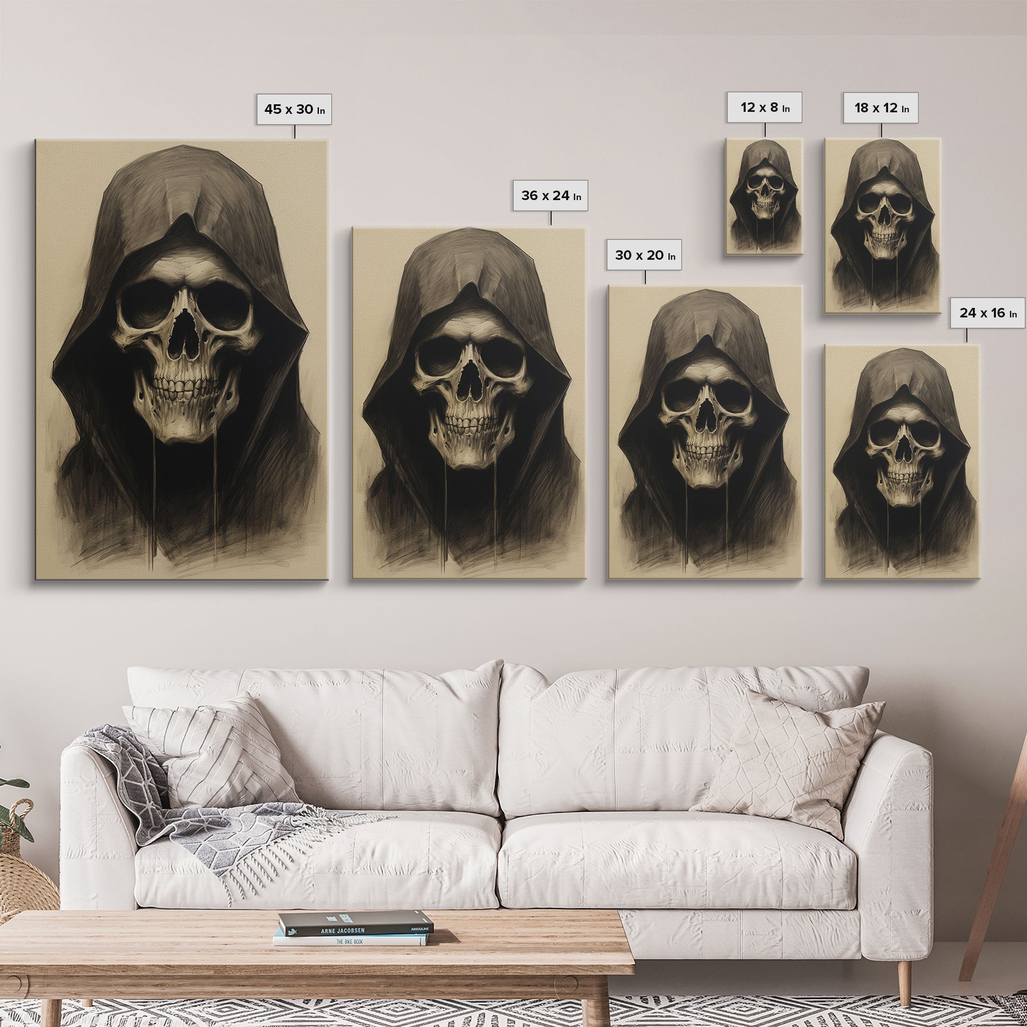 Skull Decor, Charcoal Drawing, Gothic Home Decor, Canvas Print, Wall Art, Vertical Art, Skull Gift, Human Skull Decor, Modern Art Prints