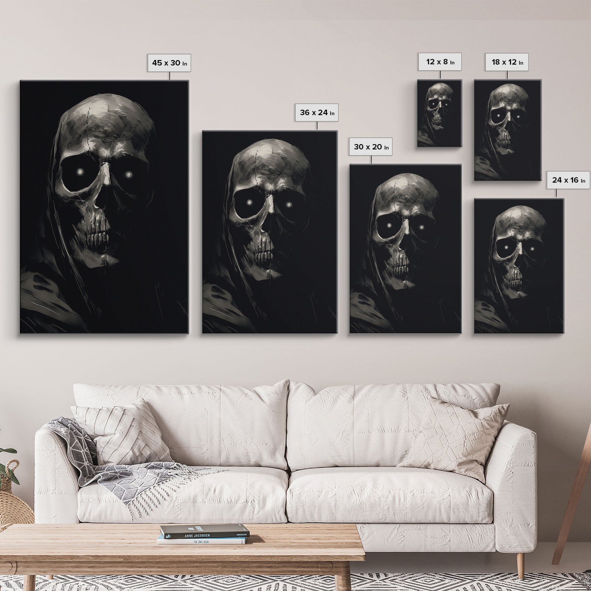 Glowing Eyes Grim Reaper, Spooky Halloween Canvas Art, Framed Canvas Print, Halloween Wall Decor, Skull Portrait