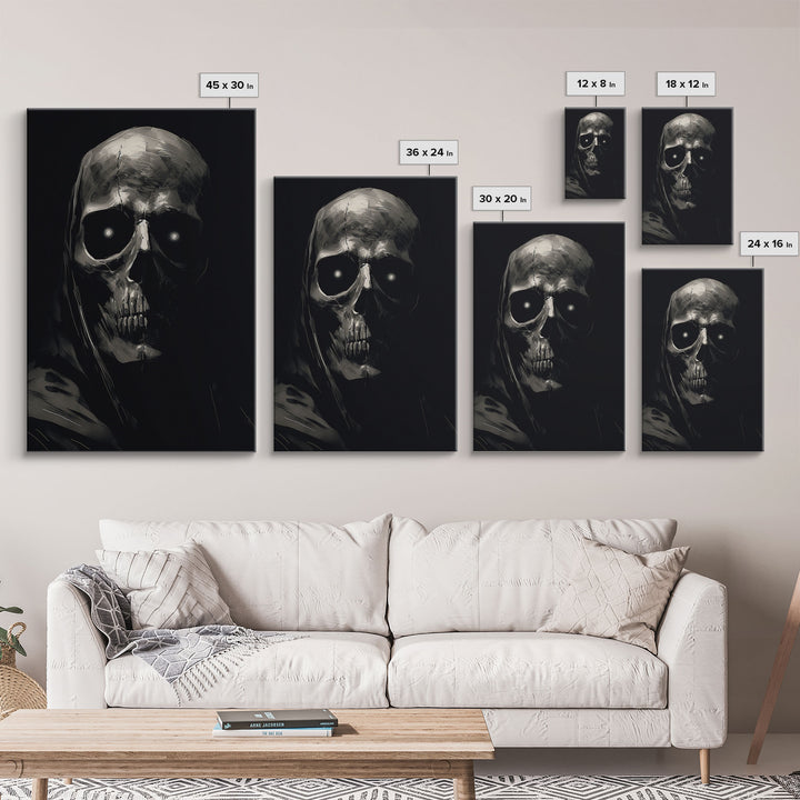 Glowing Eyes Grim Reaper, Spooky Halloween Canvas Art, Framed Canvas Print, Halloween Wall Decor, Skull Portrait