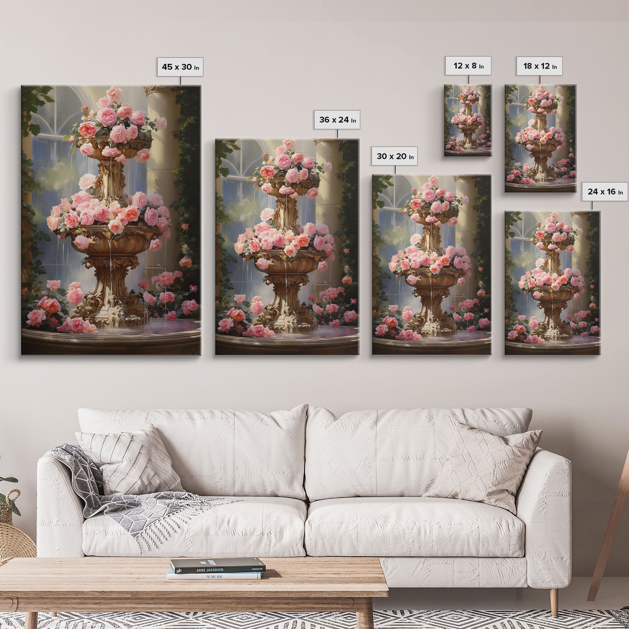 Fountain Wall Print, Pink Roses Wall Art, Flower Art Print, Canvas Print, Wall Art, Vertical Print, Botanical Art, Country Home Decor