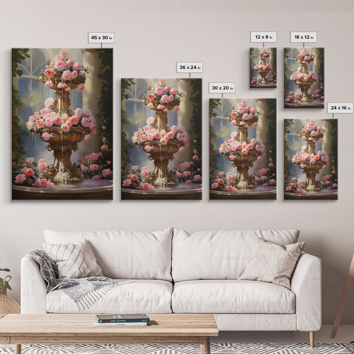 Fountain Wall Print, Pink Roses Wall Art, Flower Art Print, Canvas Print, Wall Art, Vertical Print, Botanical Art, Country Home Decor