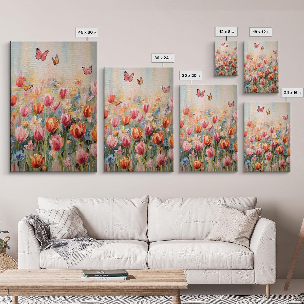 Tulip Field Wall Art, Flower Wall Print, Colorful Art, Butterfly Art, Canvas Print, Wall Art, Vertical Print, Birthday Gift, House Wall Art