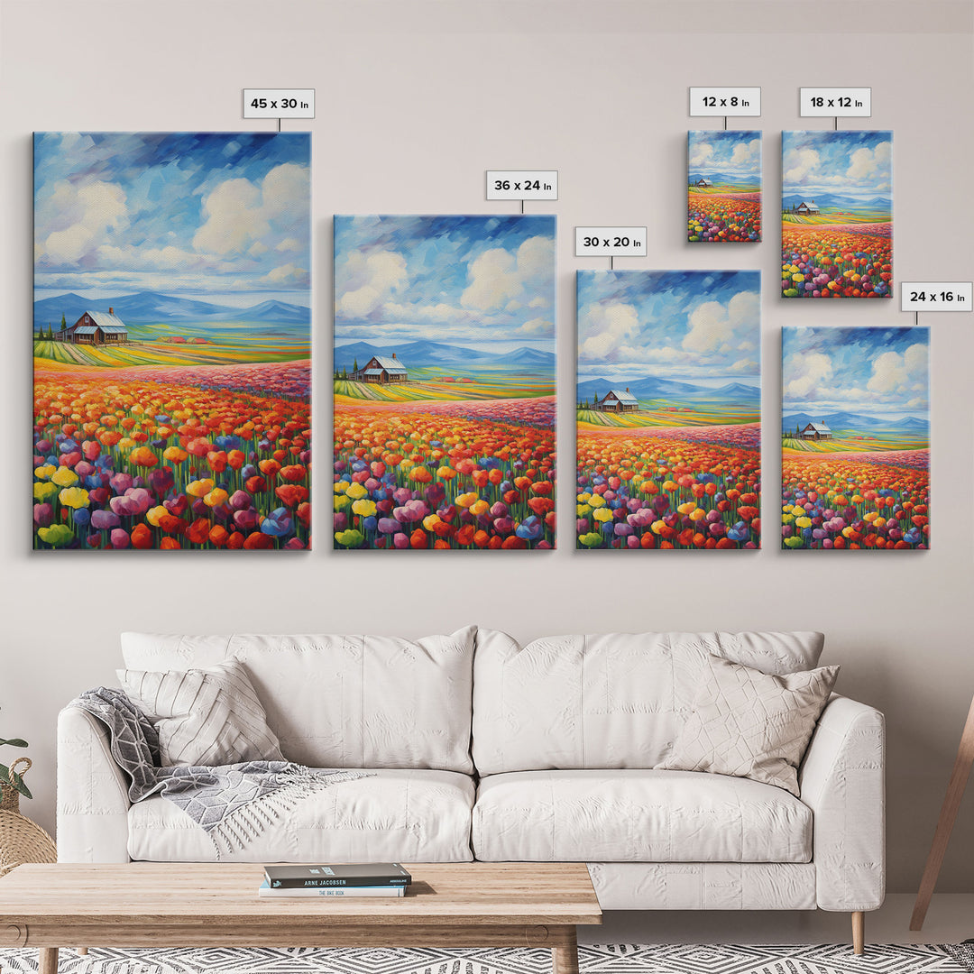 Flower Farm Wall Art, Tulip Field, Countryside Wall Print, Canvas Print, Wall Art, Vertical Art, Gifts For Grandma, Tiny House Decor