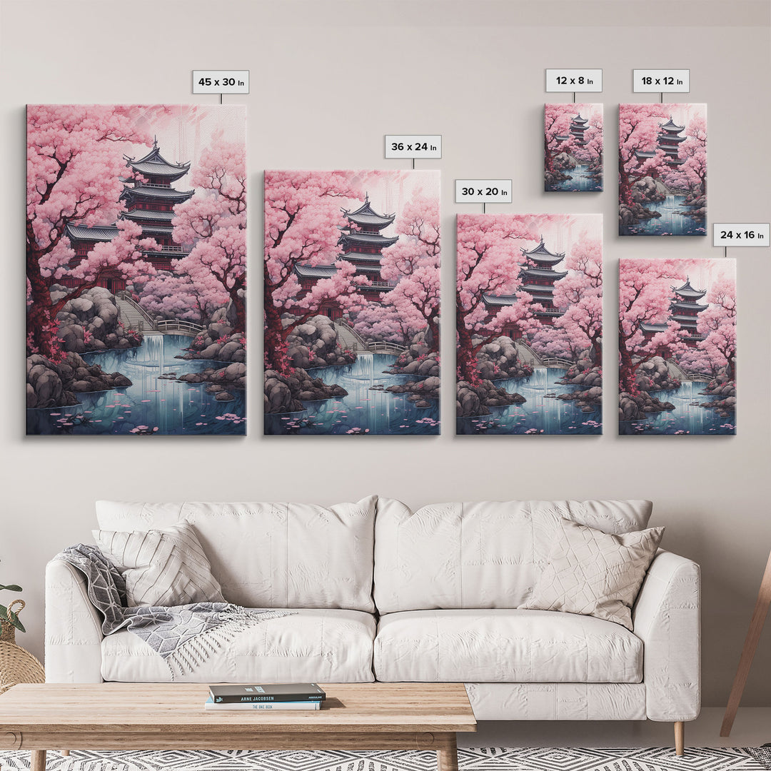 Pagoda Wall Art, Japanese Wall Art, Asian Art, Cherry Blossom Tree, Canvas Print, Wall Art, Vertical Art, Engagement Gift, Prints Wall Art