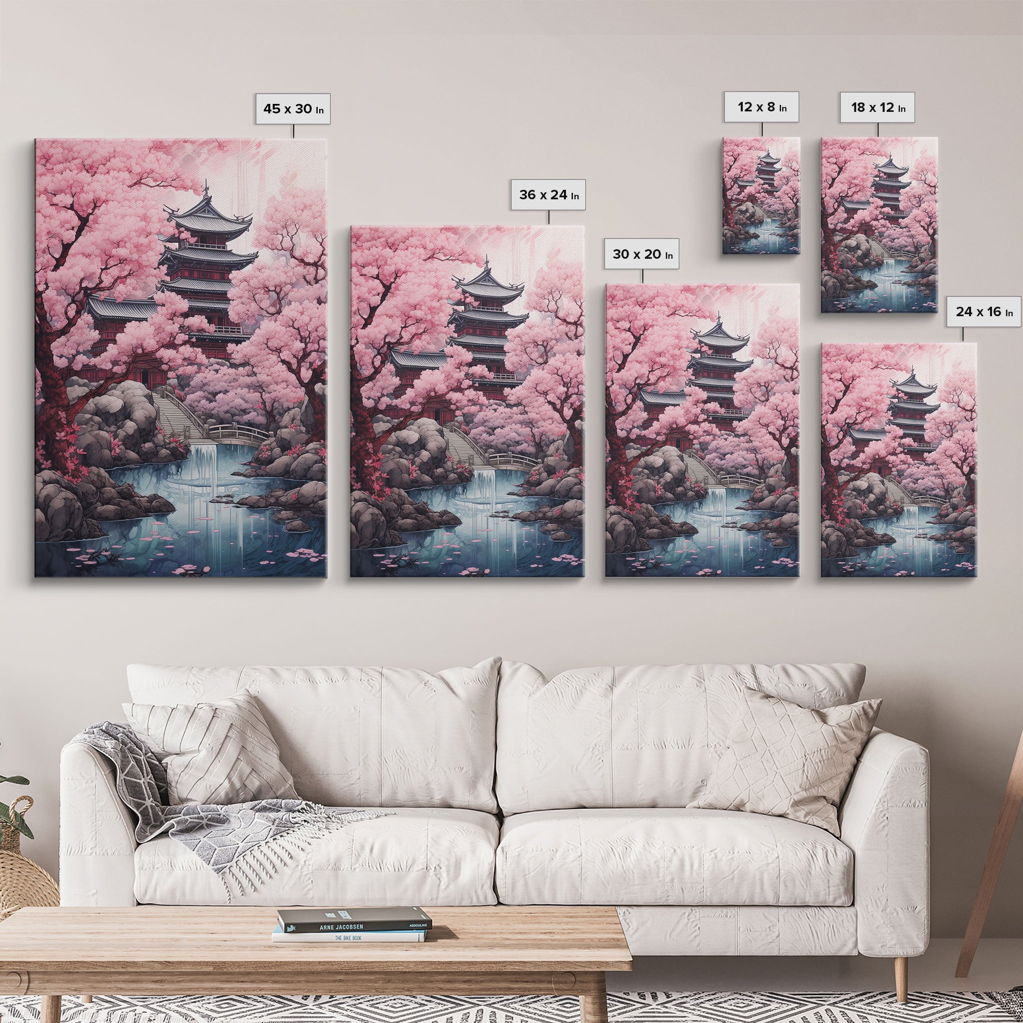 Pagoda Wall Art, Japanese Wall Art, Asian Art, Cherry Blossom Tree, Canvas Print, Wall Art, Vertical Art, Engagement Gift, Prints Wall Art