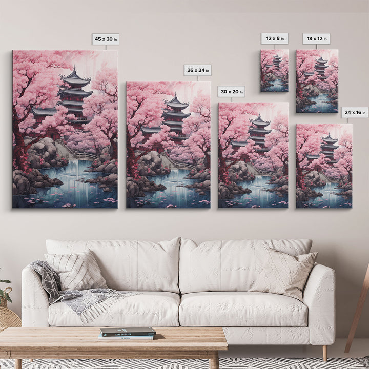 Pagoda Wall Art, Japanese Wall Art, Asian Art, Cherry Blossom Tree, Canvas Print, Wall Art, Vertical Art, Engagement Gift, Prints Wall Art