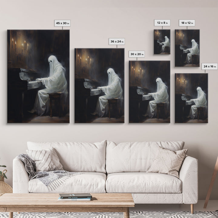 Spooky White Ghost Playing A Piano, Gothic Victorian Halloween Art, Halloween Decoration / Wall Art, Skeleton Art, Gothic Oil Painting