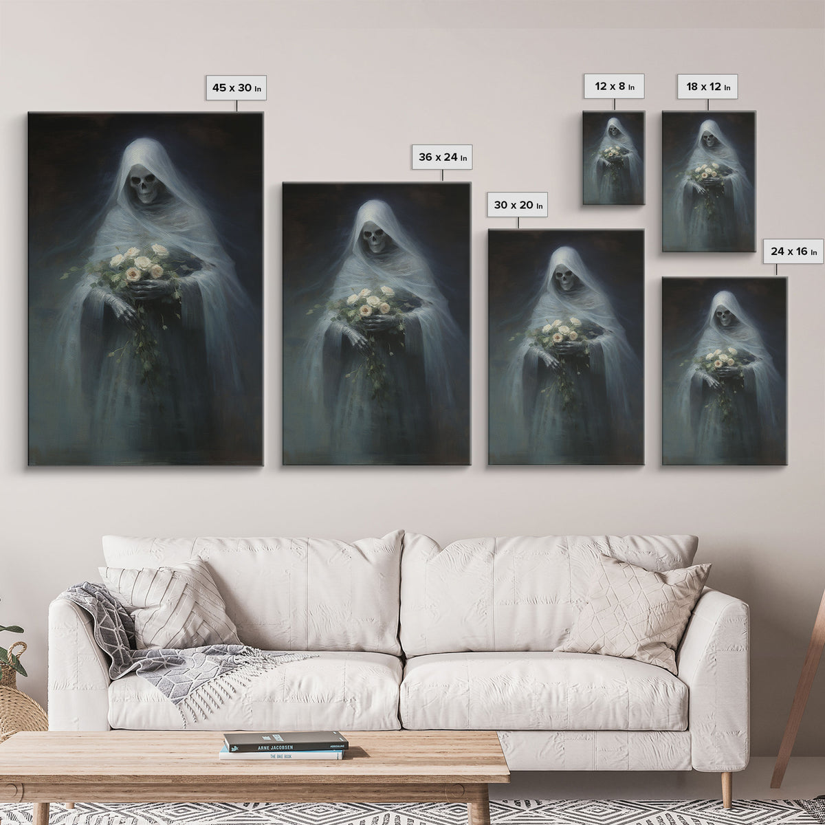 Grim Reaper Holding Flowers, Gothic Halloween Decor, Framed Canvas Print, Scary Horror Art, Goth Decor, Oil Painting, Dark Academia
