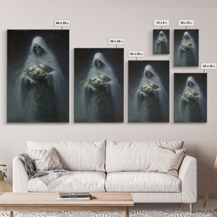 Grim Reaper Holding Flowers, Gothic Halloween Decor, Framed Canvas Print, Scary Horror Art, Goth Decor, Oil Painting, Dark Academia