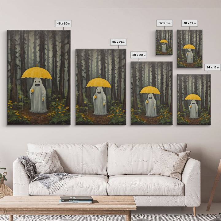 Happy Ghost In The Rain,  Vintage Halloween Canvas, Framed Canvas Print, Cute Wall Art, Who's Haunting Who?