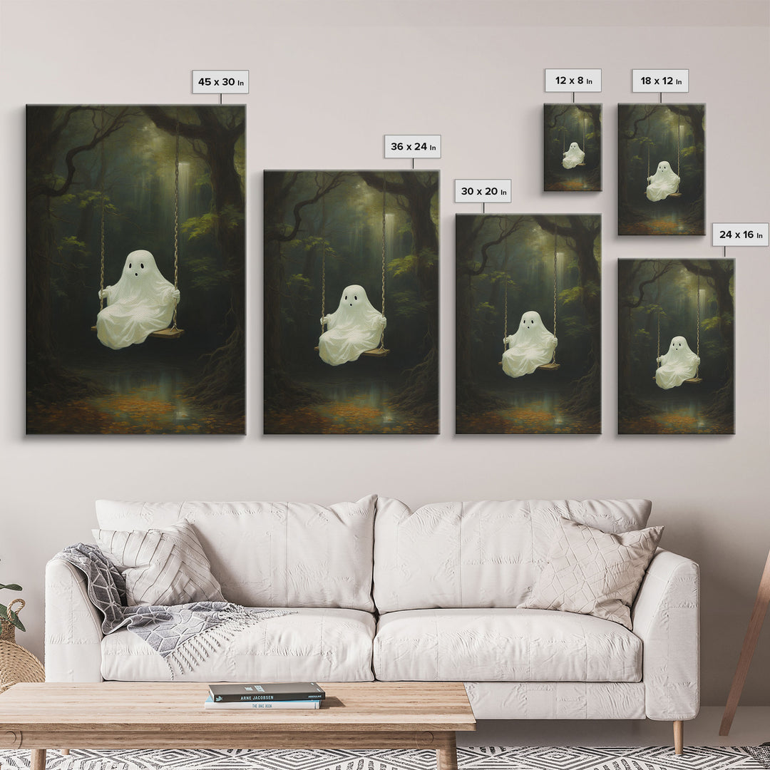 Cute Little Boo Playground Ghost, Funny Halloween, Vintage Halloween Canvas, Framed Canvas Print, Cute Wall Art, Ghost On A Swing, Macabre