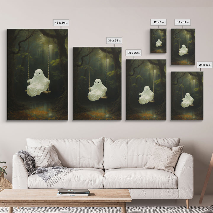 Cute Little Boo Playground Ghost, Funny Halloween, Vintage Halloween Canvas, Framed Canvas Print, Cute Wall Art, Ghost On A Swing, Macabre