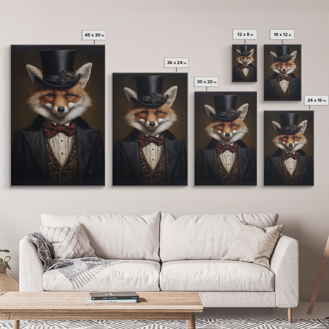 The Dapper Gentleman Business Fox, Framed Canvas or Canvas Print, Halloween Decor, Dark Academia, Funny Halloween Decorations