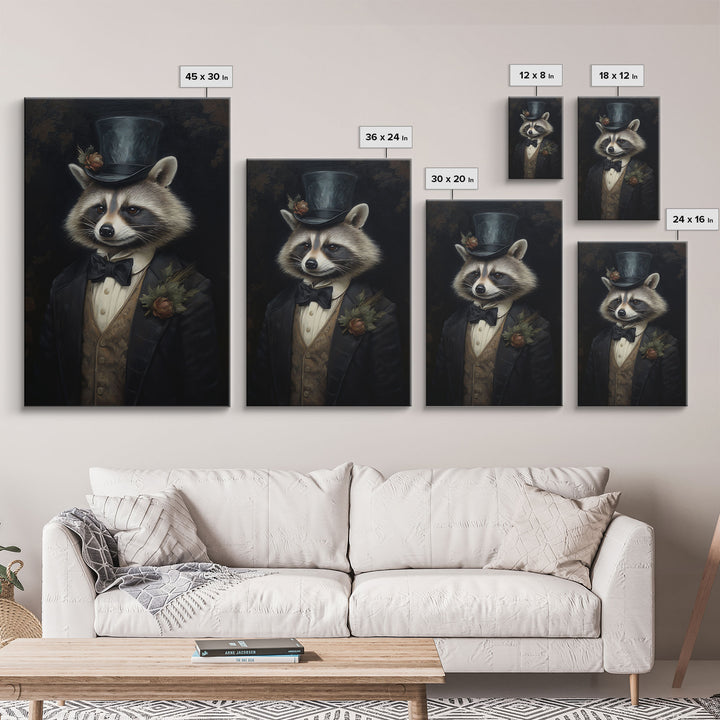 Distinguished Dapper Gentleman Raccoon, Funny Animal Prints, Humorous Art, Framed Canvas, Wall Art, Canvas Print, Funny Halloween Decor