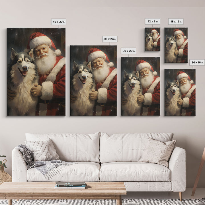 Santa Claus Holding An Alaskan Malamute,  Christmas Wall Art, Dog Gift, Christmas Dog, Winter Wall Art, Santa Decor, Santa Art Print