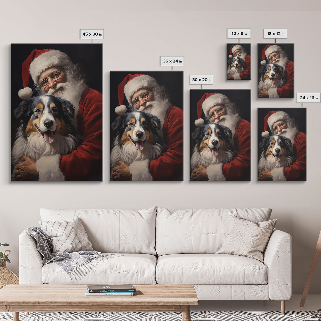 Santa Claus And His Australian Shepherd, Christmas Wall Art, Dog Gift, Christmas Dog, Winter Wall Art, Santa Decor, Santa Art Print