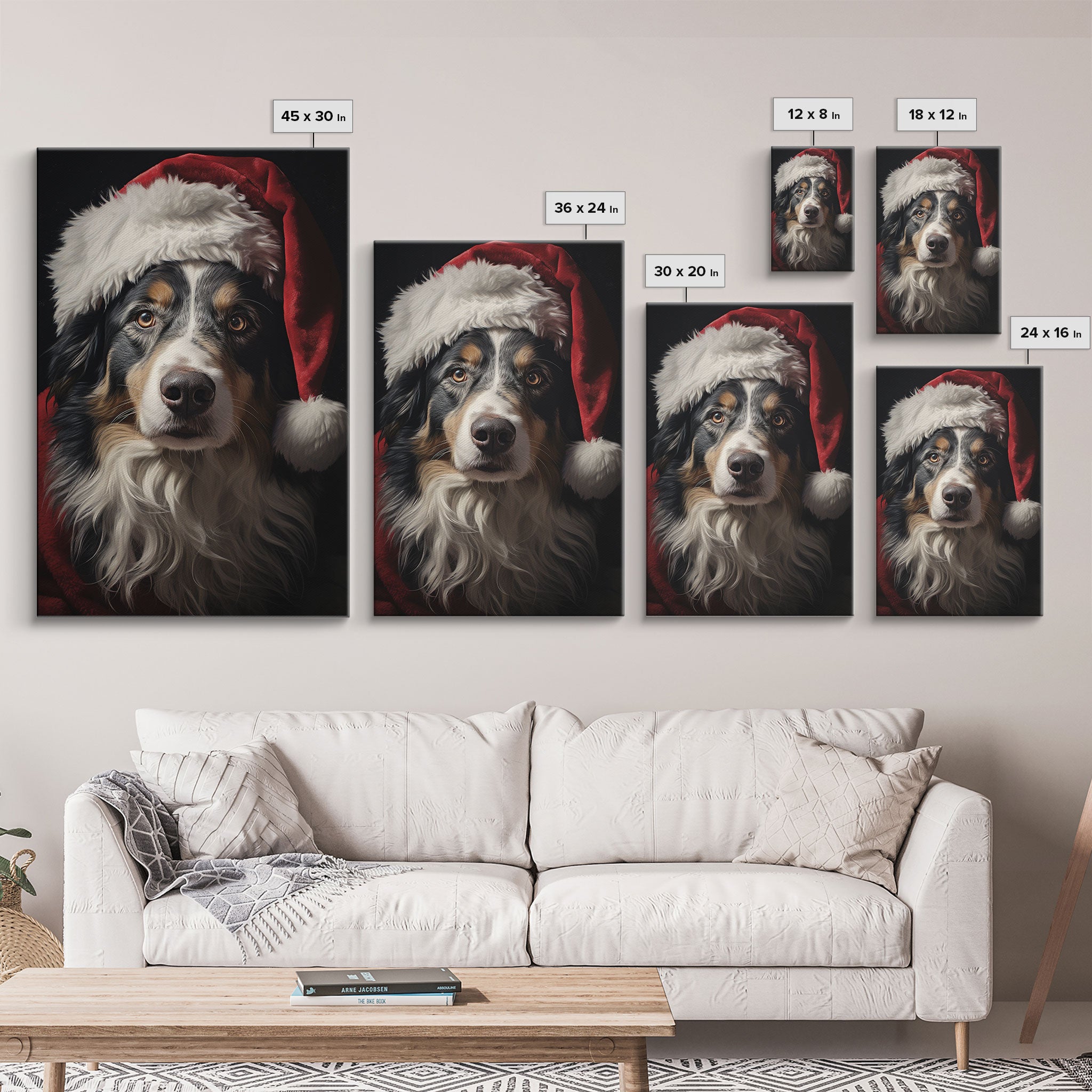 Portrait Of An Australian Shepherd In A Santa Hat, Christmas Art, Christmas Decor, Christmas Wall Art, Christmas Painting, Vintage Christmas