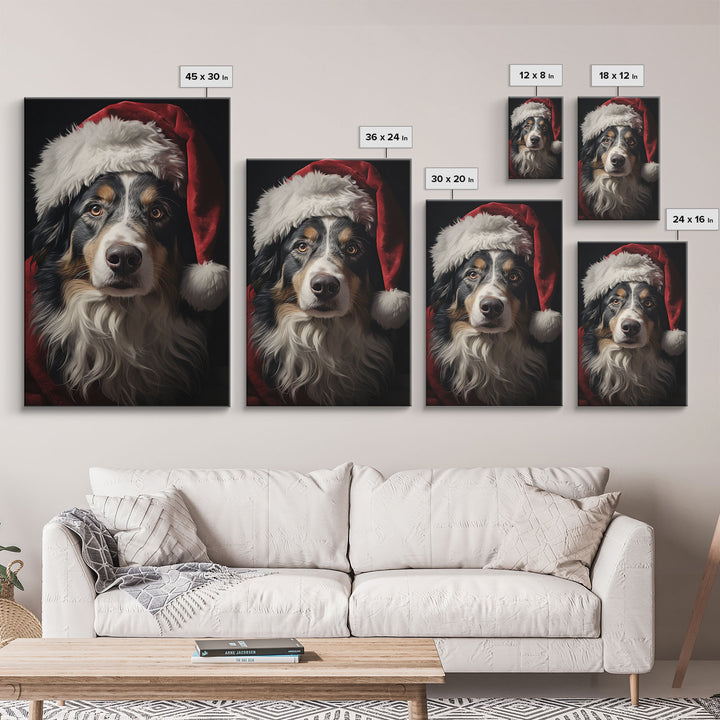 Portrait Of An Australian Shepherd In A Santa Hat, Christmas Art, Christmas Decor, Christmas Wall Art, Christmas Painting, Vintage Christmas