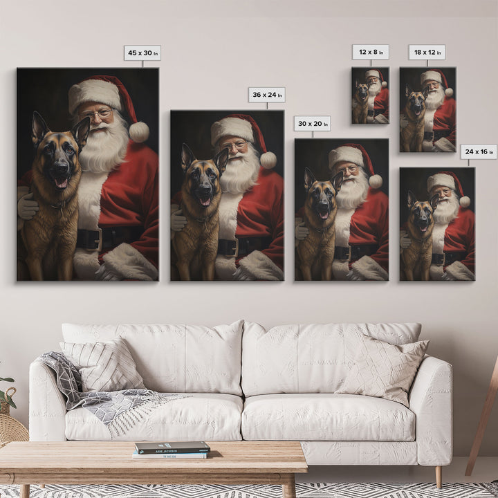 Santa Claus and his Belgian Malinois, Cute Dog Art, Framed Canvas Print, Christmas Art, Christmas Decor, Christmas Art Print, Cute Dog Print
