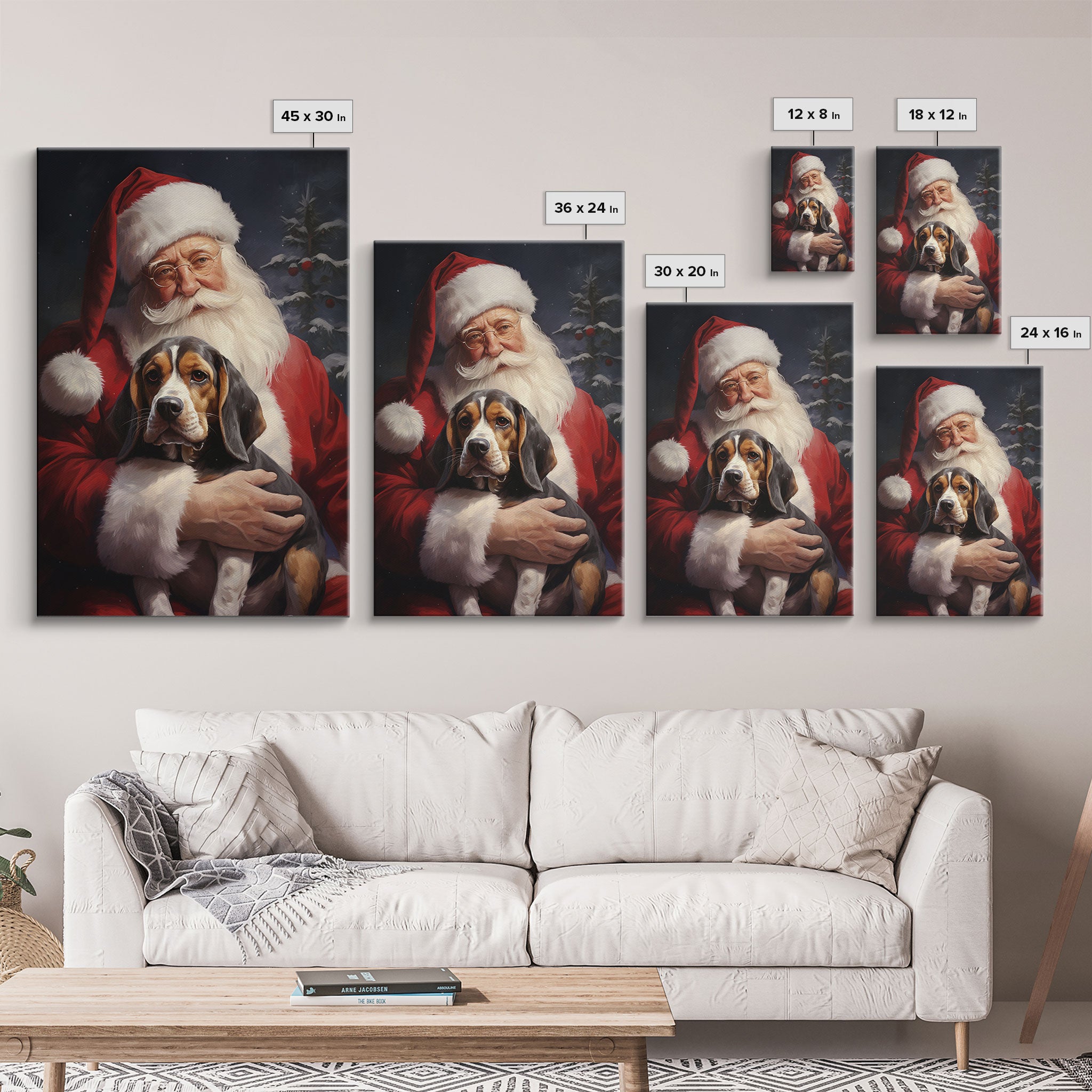 Santa Claus and his Beagle, Cute Dog Art, Framed Canvas Print, Christmas Art, Christmas Decor, Christmas Art Print, Christmas Wall Art