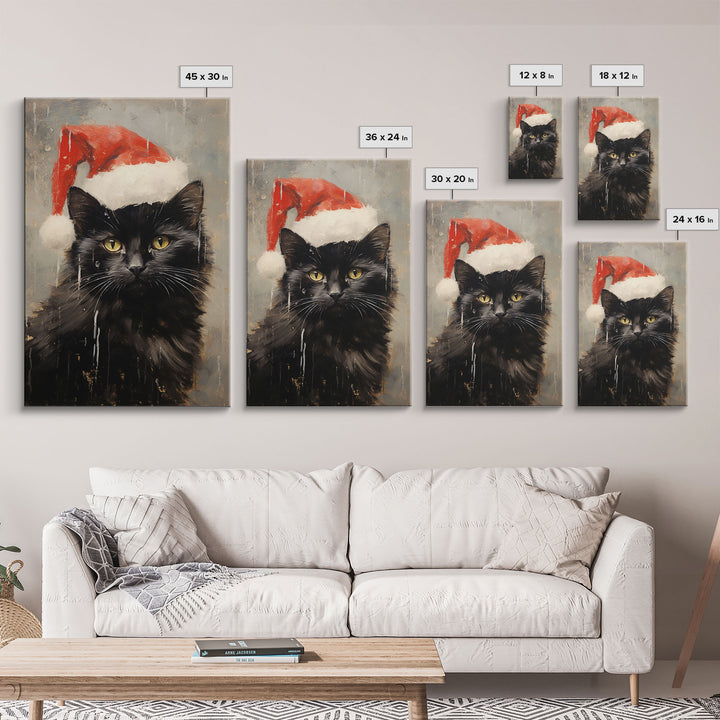 Christmas Cat In A Christmas Hat, Farmhouse Christmas, Farmhouse Decor, Framed Canvas Print, Seasonal Wall Art, Winter Decor, Christmas Art