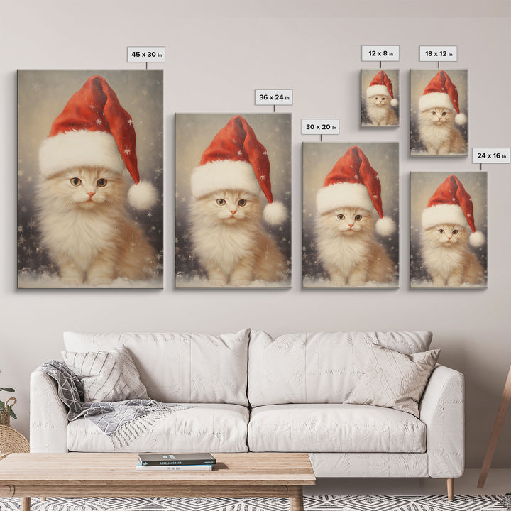 Cute White Kitten In A Christmas Hat, Farmhouse Christmas, Farmhouse Decor, Framed Canvas Print Seasonal Wall Art Winter Decor Christmas Art