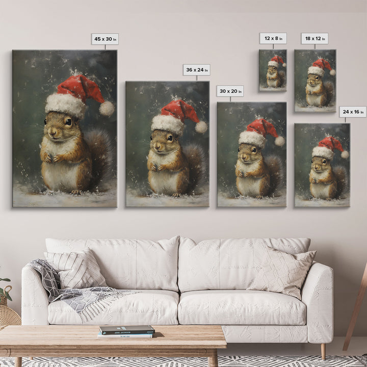 Cute Christmas Squirrel In A Santa Hat, Christmas Art, Christmas Decor, Christmas Wall Art, Farmhouse Christmas, Vintage Christmas Woodland
