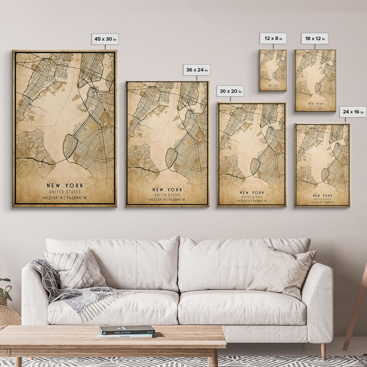 Old New York City Map Wall Art Canvas Print, Vintage Style New York City Map, Framed Wall Art, Cool NYC New York Wall Art, Office Decor