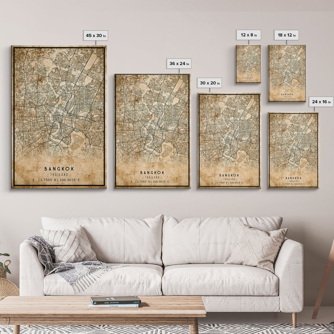 Old Bangkok City Map Wall Art Canvas Print, Vintage Style Bangkok Map, Framed Wall Art, Cool Bankok Thailand Wall Art, Office Decor