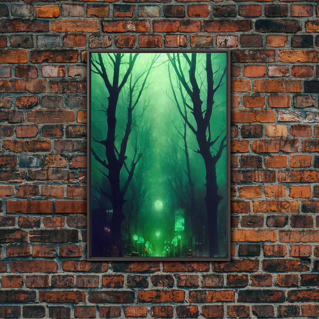 Emerald green city streets under a full moon, cool spooky art, framed canvas print