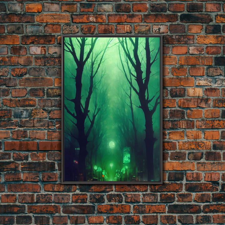 Emerald green city streets under a full moon, cool spooky art, framed canvas print