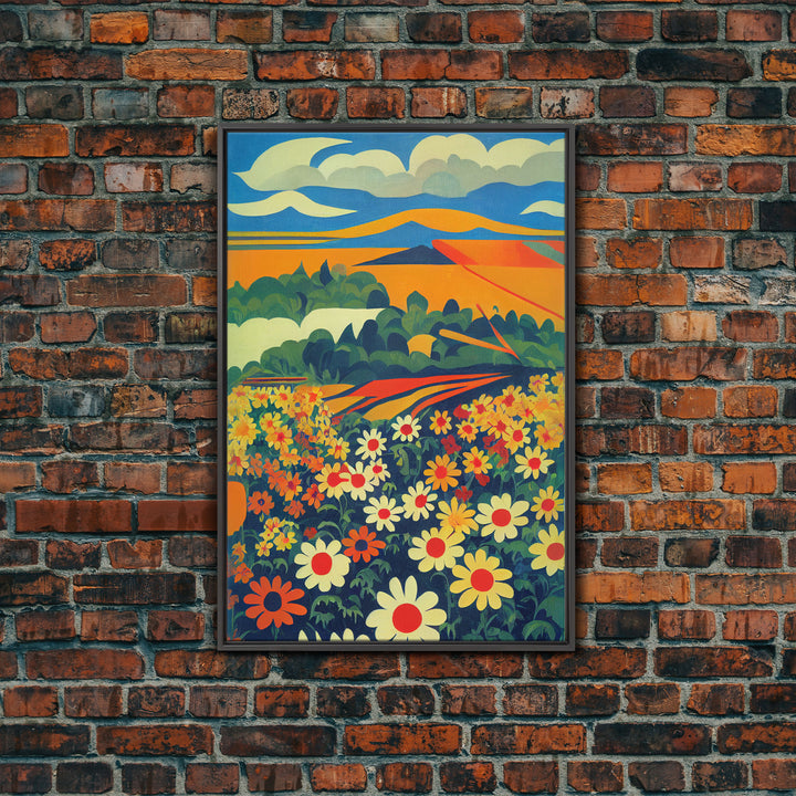 Surrealist field of daisy flowers, daisies, psychedelic art, Framed Canvas Print, Ready To Hang Framed Wall Art