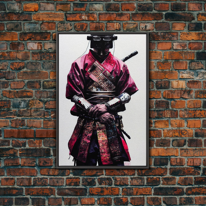 Portrait of a Cyberpunk Samurai with Cybernetic augments, Framed Canvas Print, Ready To Hang Framed Wall Art