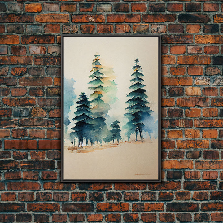 Mysterious Pine Tree Forest Watercolor Canvas Print - Nature Wall Art Home Decor Artwork, Framed Canvas Print