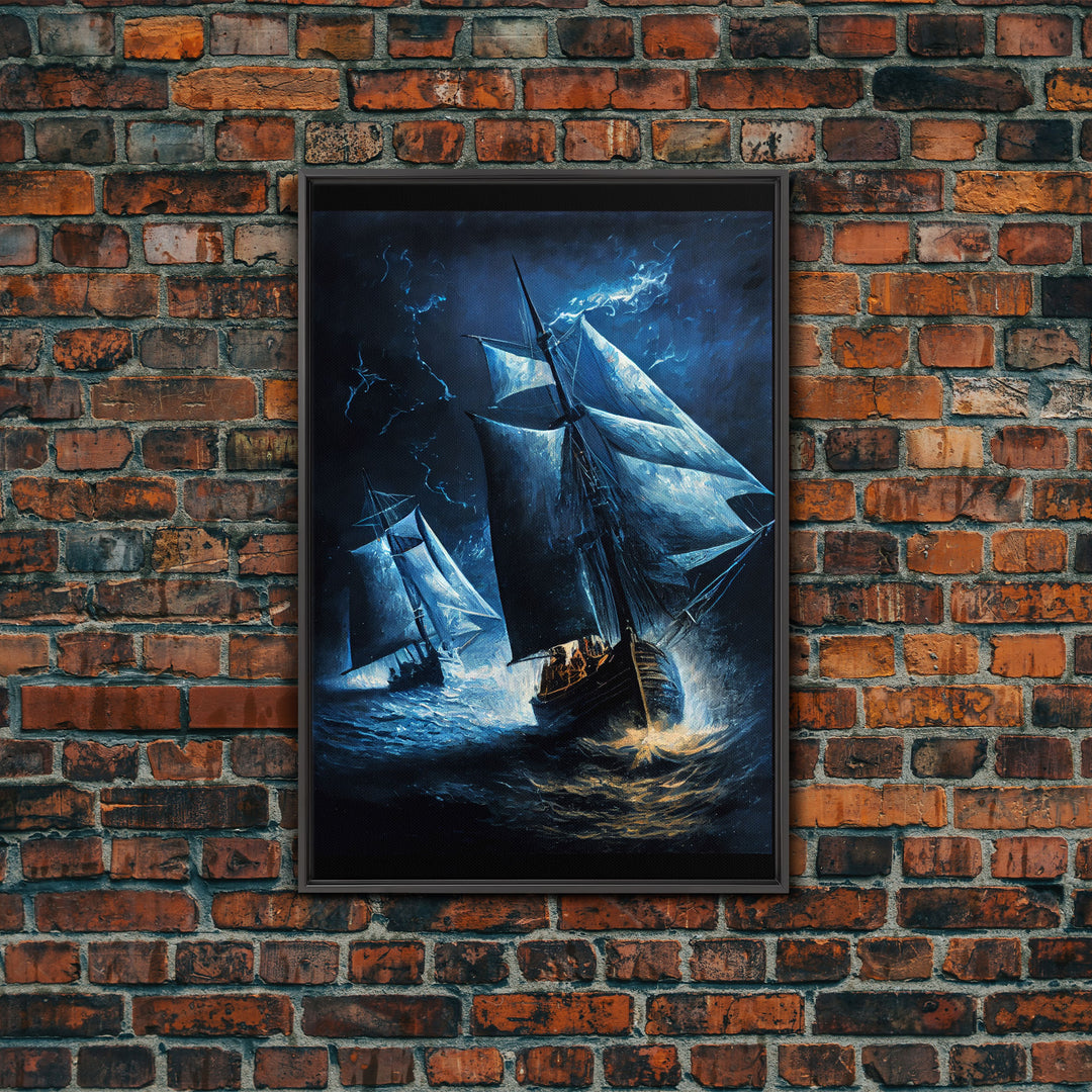 Saiilboats caught in a thunder storm, nautical art, framed canvas print, framed wall art