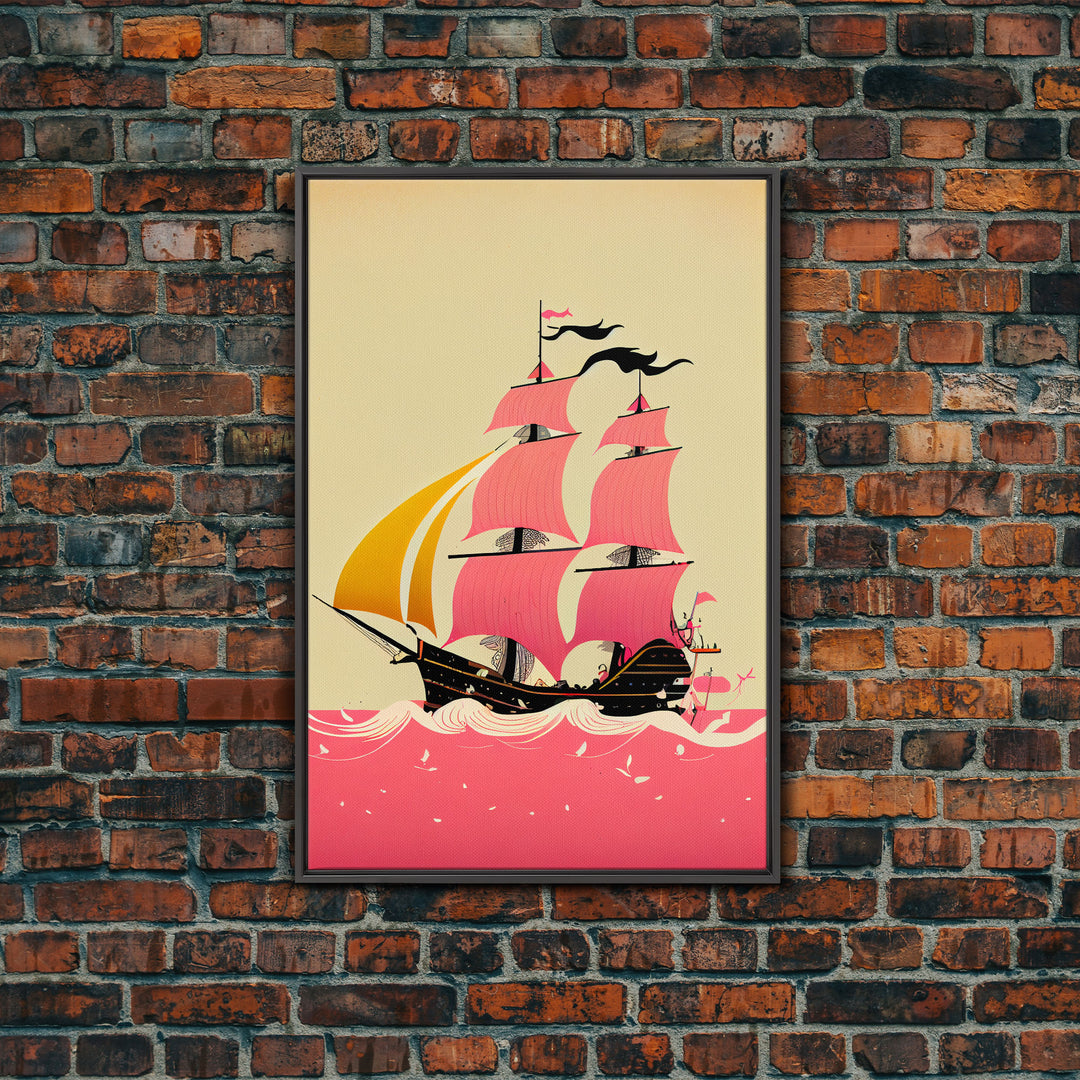 Vaporwave sail boat art, pink pirate ship, framed wall art, framed canvas print