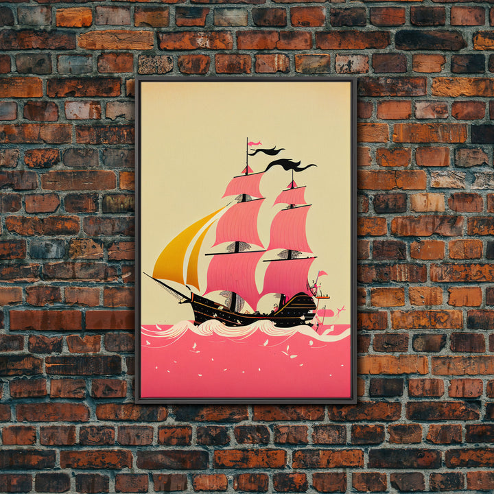 Vaporwave sail boat art, pink pirate ship, framed wall art, framed canvas print