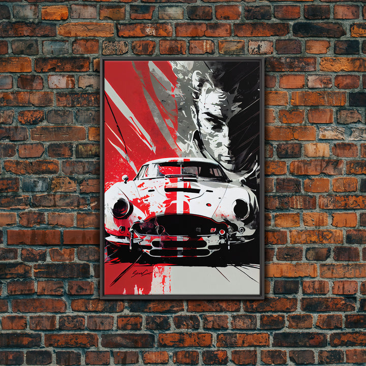 Vintage sports car graffiti art, framed canvas print, wall decor, mancave art
