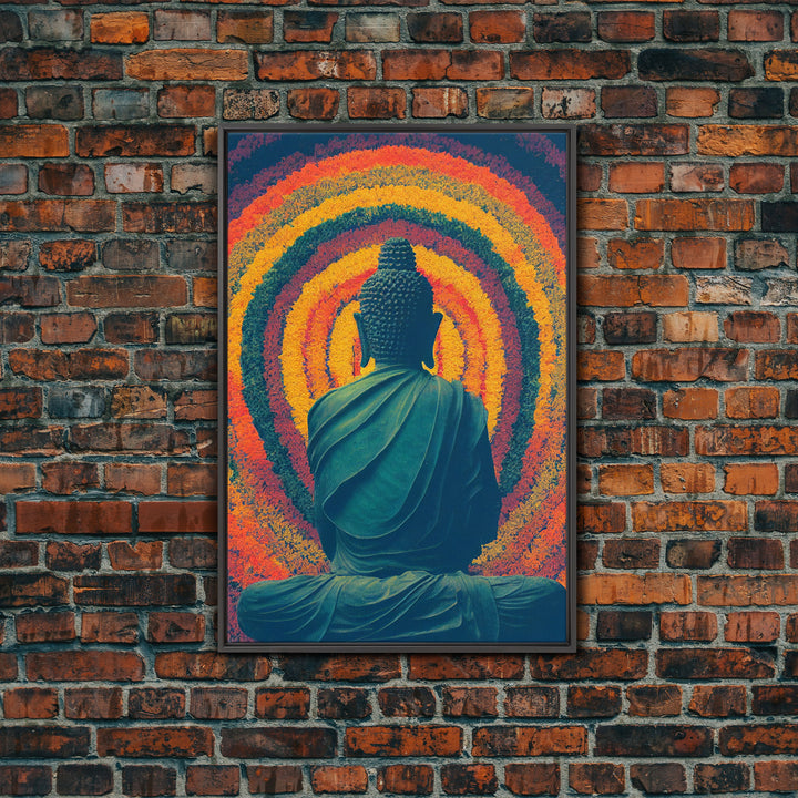 Colorful rainbow Buddha facing a ring of flowers, framed canvas print, yoga studio art