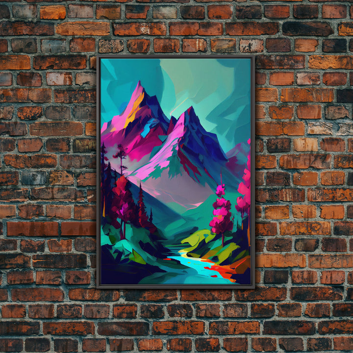 Vibrant Vaporwave Mountain Watercolor Wall Art Canvas Print - Colorful Nature Scene Artwork