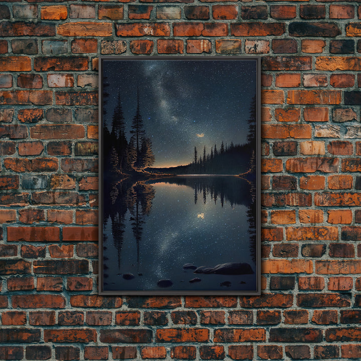 Reflections of a starry night sky over the lake, lakehouse art, beautiful framed canvas print