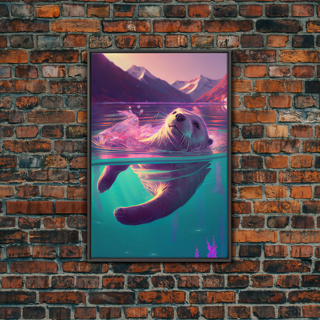 Cute Otter going for a swim, pastel retro style art, framed canvas print, Otter out for a swim in a mountain lake