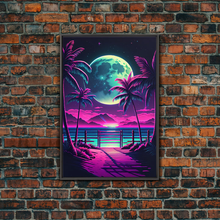Full Moon over a Florida Beach, Palm Trees, Outrun Style Beach Landscape art, framed canvas Print