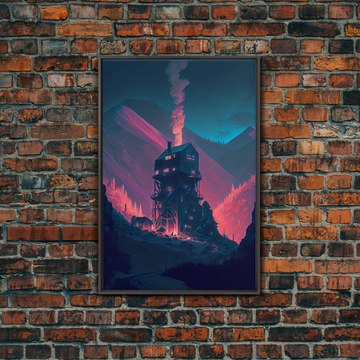 Fire-Watch, Watch Tower art, vaporwave aesthetic wall art, framed canvas print