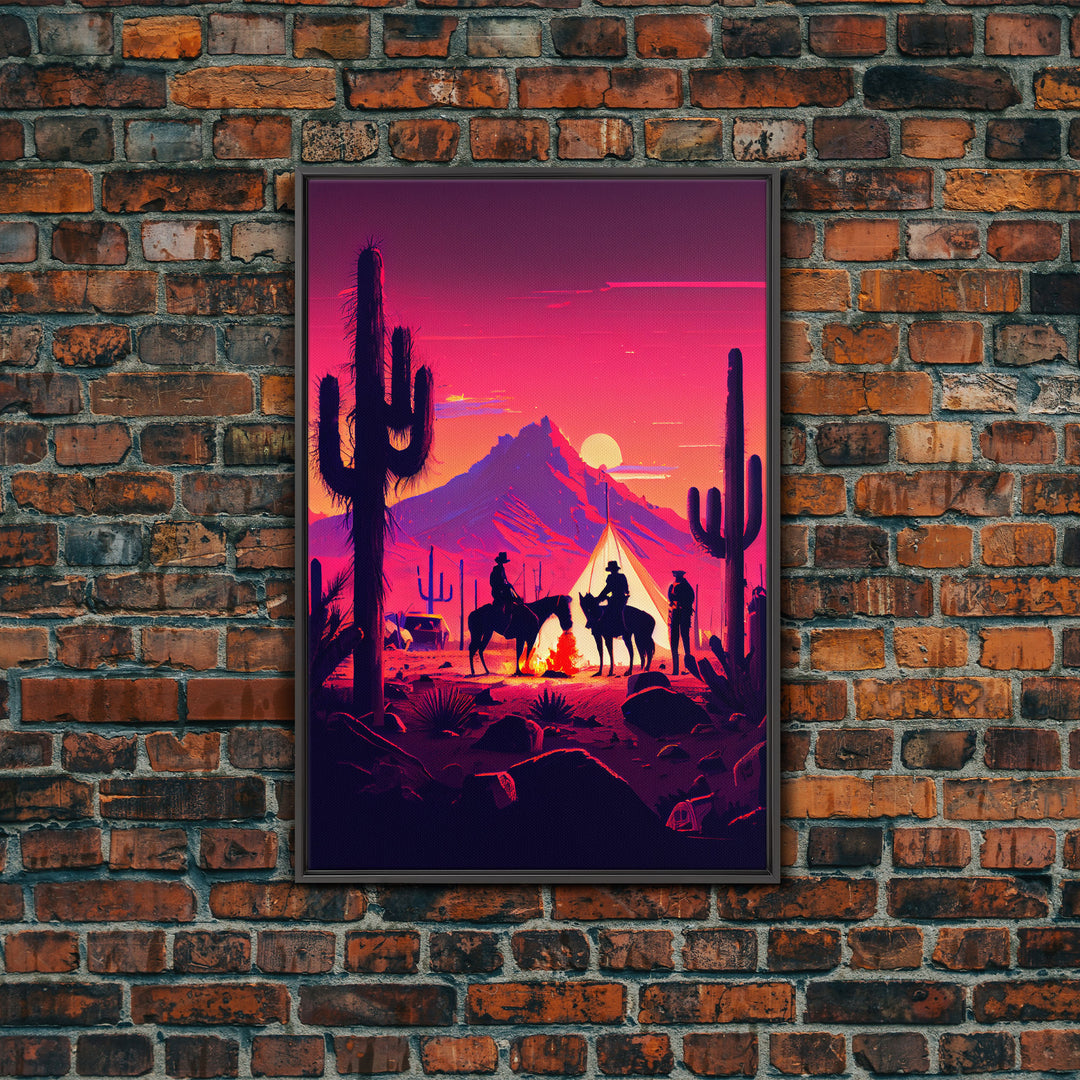 Wild West Outlaw decor, camping in the Arizona desert, Cactus art, framed canvas print
