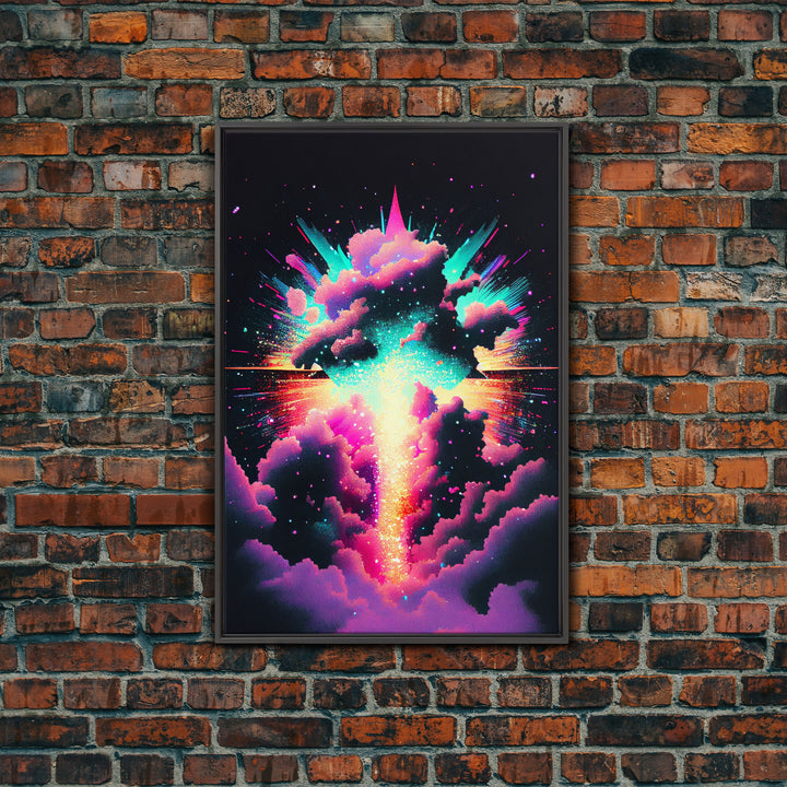 Color Pop Explosion, Vintage style art, framed canvas print, vaporwave aesthetic cloud art