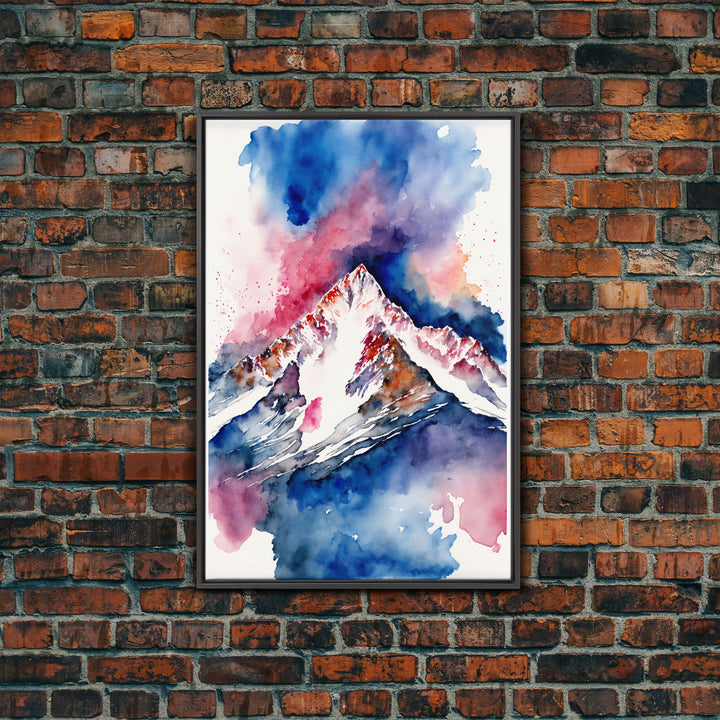 Red, White and Blue Mountain Landscape Watercolor, Framed Canvas Print, Colorful Unique Wall Art