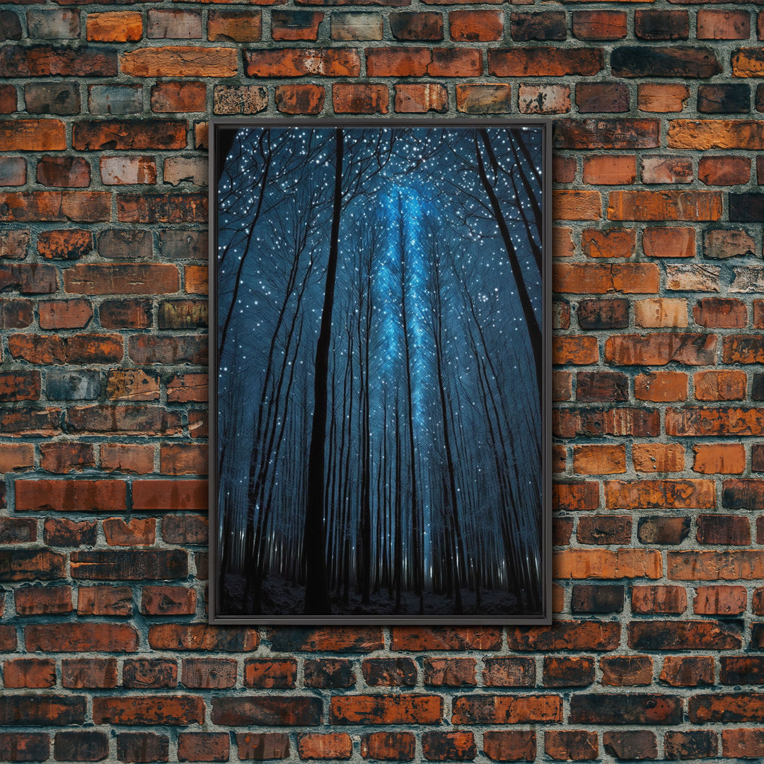 Birch Tree Forest At Night, Starry Night Sky, Framed Canvas Print, Boho Minimalist Farmhouse Decor, Primitive Art