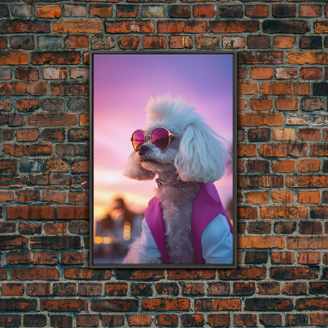 Poodle Wall Print, Dog Wall Art, Dog Sunglasses, Dog In Pink White Suit, Funny Art, Framed Wall Art, Framed Canvas, Wall Print, Wall Canvas